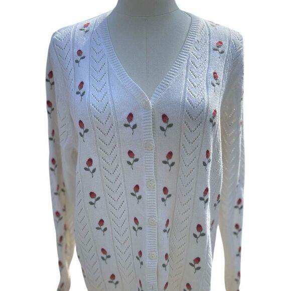 Vintage Y2K Natural Reflections White Floral Embroidered Cardigan Size Medium - Picture 3 of 7